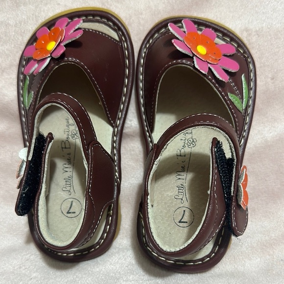 Little Me Brown and Pink Sandals with Floral Accents - Picture 1 of 5